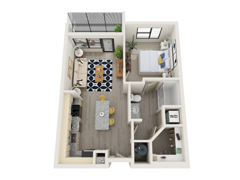 A top-down view of a small apartment with a kitchen, living room, and bathroom.